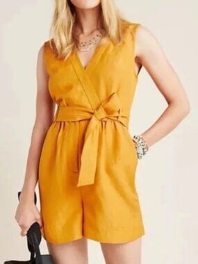Anthropologie Maeve Luana Gold Mustard Tie-Waist Romper.Size 4